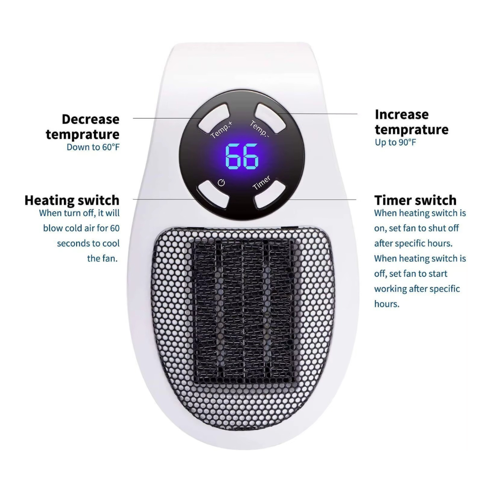 500W Mini Plug-In Heater – Instant Ceramic Heating with Adjustable Thermostat & LED Display | Energy-Saving Wall Heater