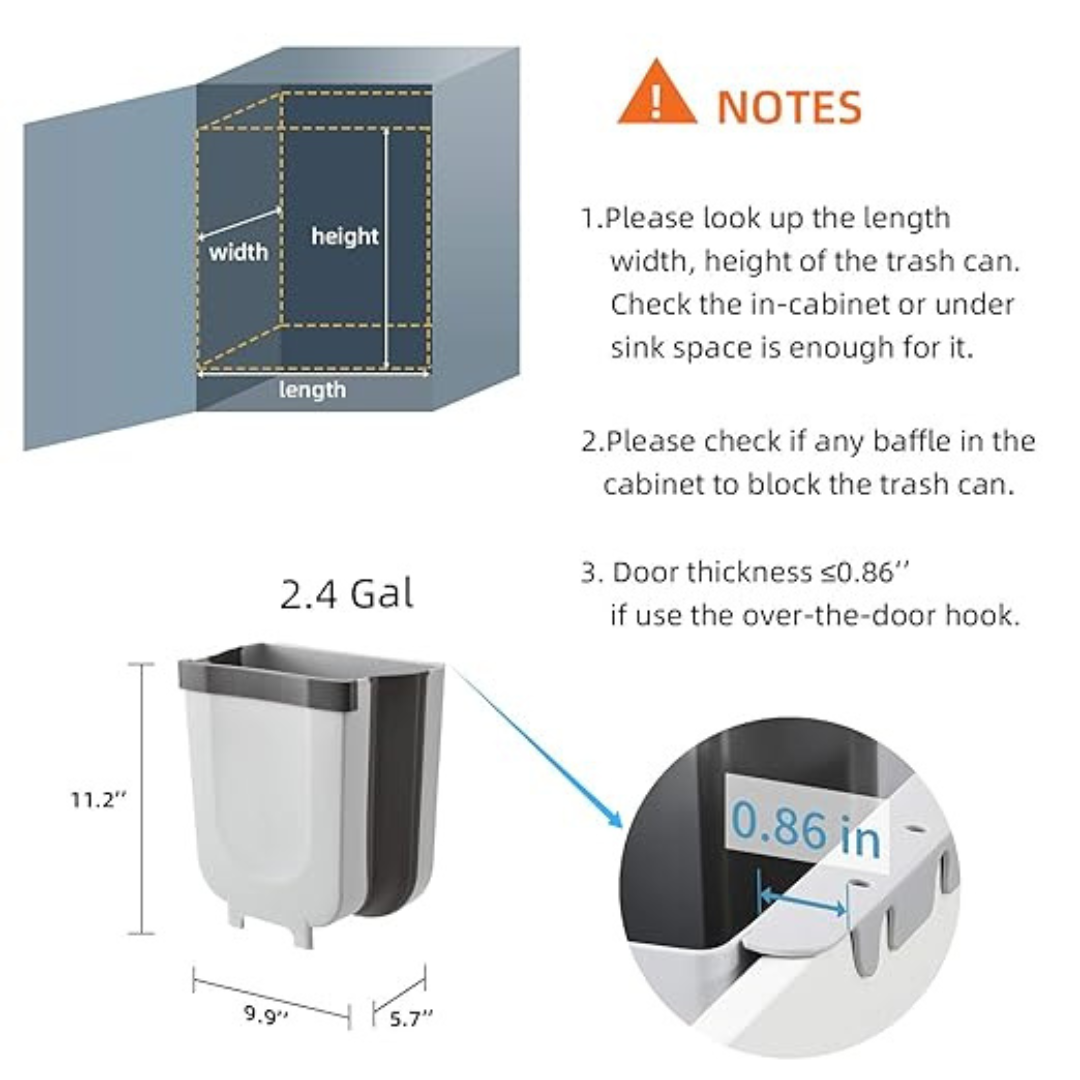 10L Foldable Kitchen Waste Bin with Standing Structure – Space-Saving Hanging Trash Can for Cabinets & Counters
