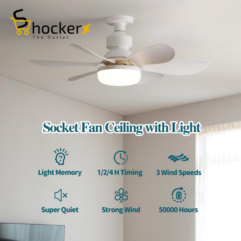 Socket Fan Light with Remote, 3 Speeds 3 Color Light Bulb Fan Dimmable, Small Ceiling Light for Bedroom Living Room