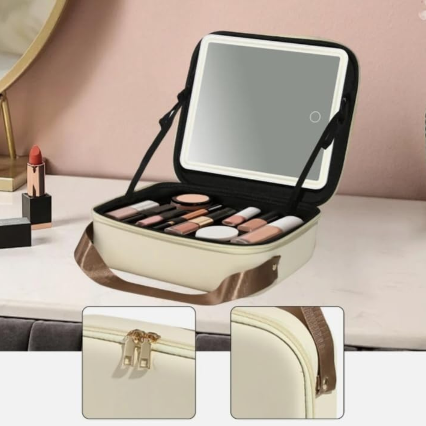 Portable Makeup Storage Bag with Detachable Mirror – Large Cosmetic Organizer for Travel & Daily Use