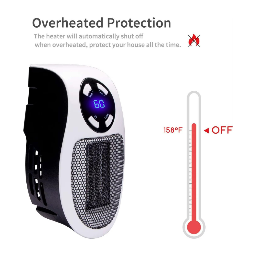500W Mini Plug-In Heater – Instant Ceramic Heating with Adjustable Thermostat & LED Display | Energy-Saving Wall Heater