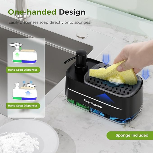 3-in-1 Kitchen Soap Dispenser with Sponge Holder – Dual Hand & Dish Soap Pump Countertop Set for Kitchen Sink