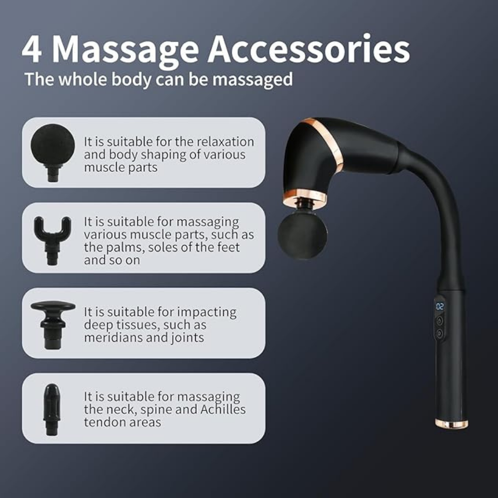 U-Shape Fascial Massage Gun – Long-Arm Deep Tissue Massager with 4 Interchangeable Heads & 6 Speed Levels